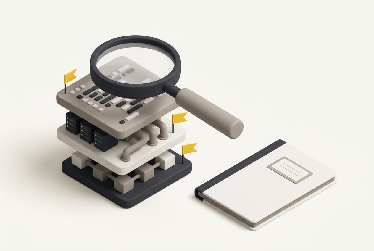 Illustration: a magnifying glass over layers of code, infrastructure, and data, with yellow flags marking findings, next to a report.