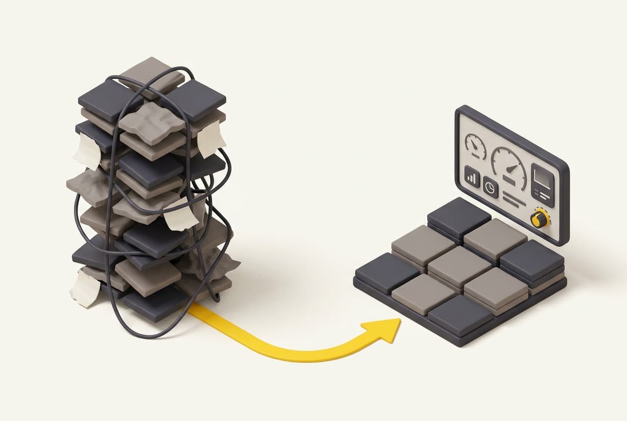 Illustration: a shaky tower of spreadsheets tied with cables turns, along a yellow arrow, into an orderly platform with a dashboard.