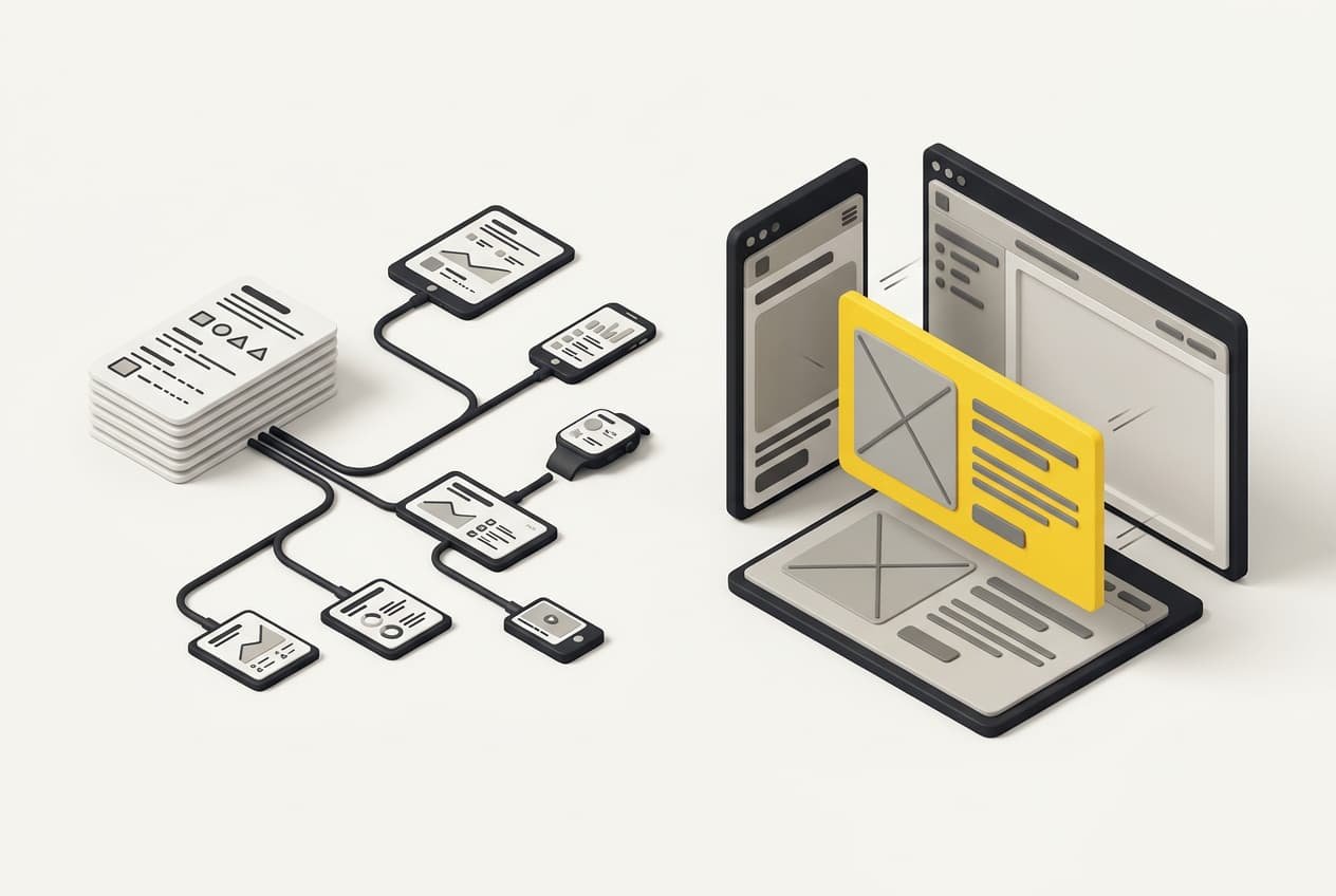 Illustration: design-free content cards flowing to several screens, next to a yellow, fully composed section block being placed into two different pages.