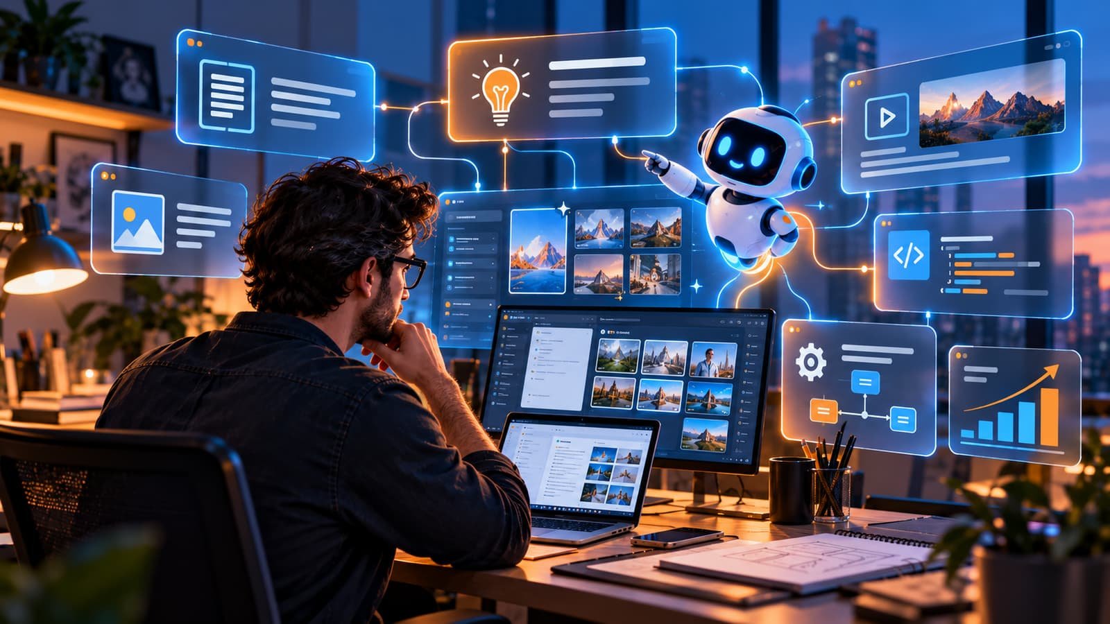 Persona frente a una laptop y un monitor, rodeada de paneles de documentos, imágenes, código, automatización y analítica, con un pequeño robot que señala la pantalla.