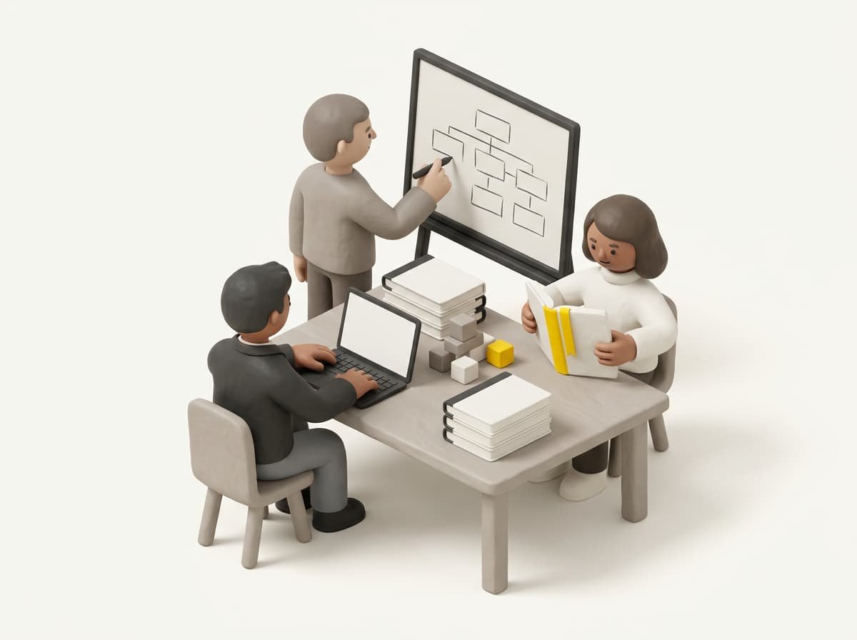 Illustration: three people working together; one writes on a laptop, one sketches an architecture diagram on a board, and one reads a notebook with a yellow ribbon.