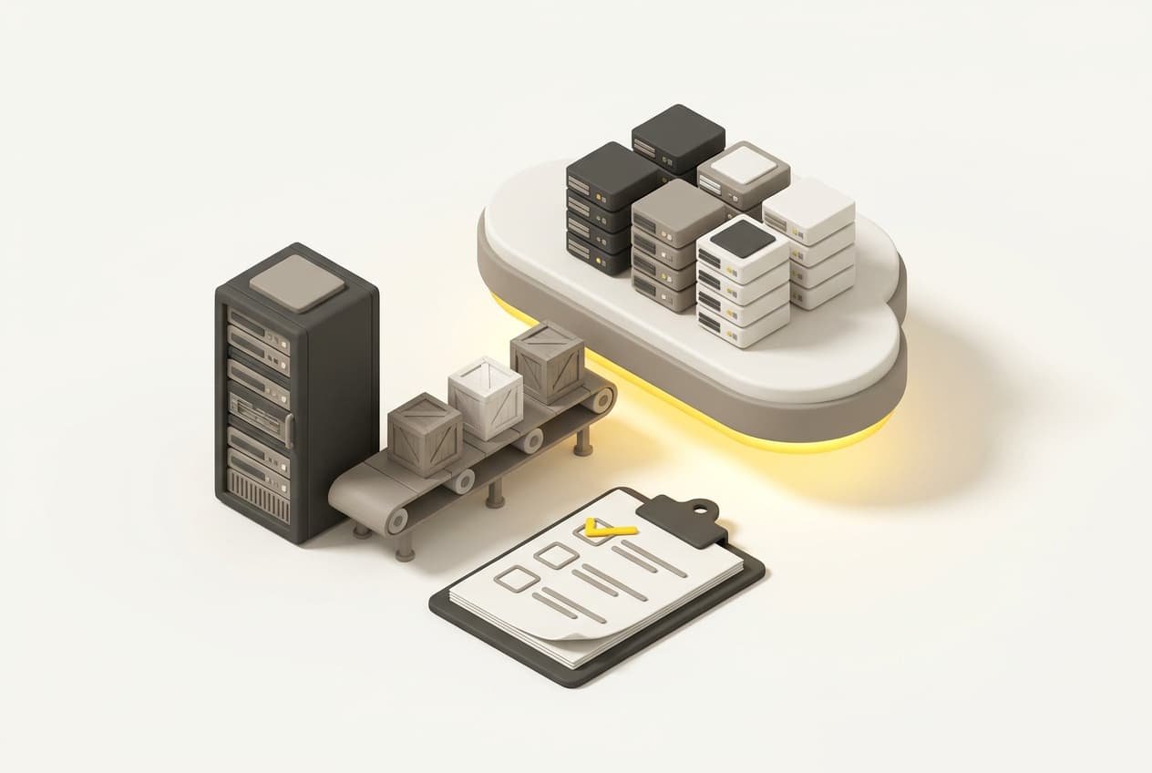 Ilustración: cajas que viajan en una banda desde un rack de servidores hacia una plataforma en forma de nube, junto a una lista de verificación.