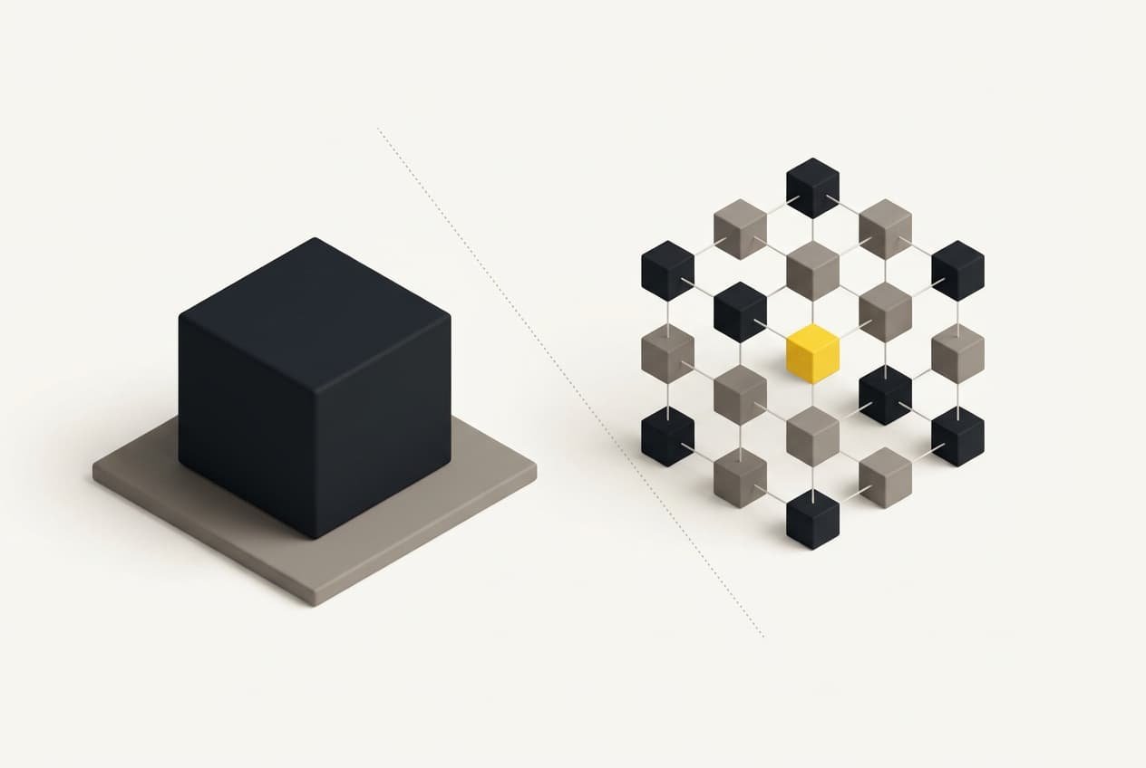 Illustration: one large single block on the left and, across a dotted line, the same volume split into connected cubes.