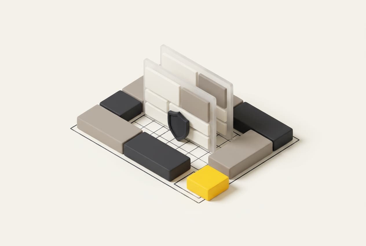 Illustration: a website assembled from modular blocks on a grid, with two stacked page layers and a shield in front.